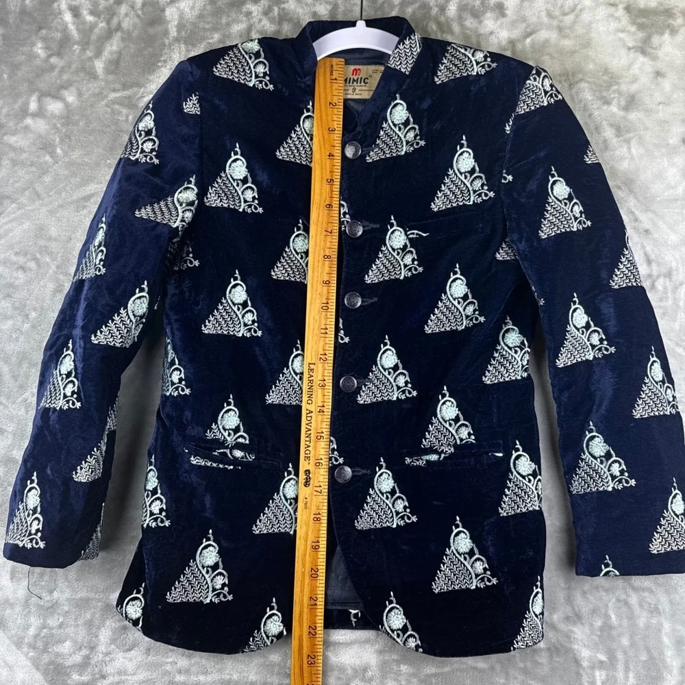 Mimic Velvet Blazer Kids Size‎ 9 Navy Blue Embroidered Mandarin Collar (1640)